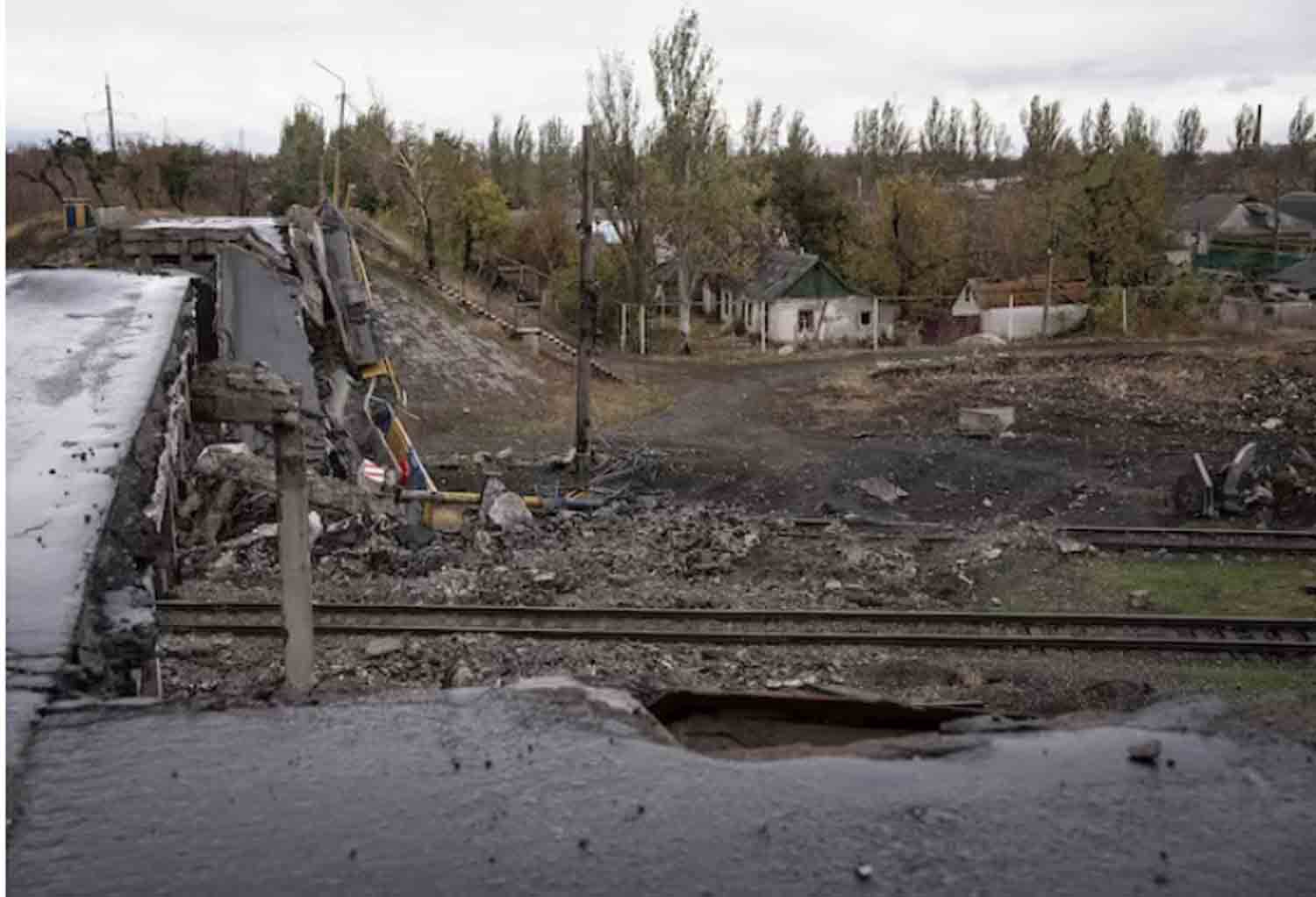 A view shows a destroyed bridge, amid Russia's attack on Ukraine, in the town of Pokrovsk in Donetsk region, Ukraine.