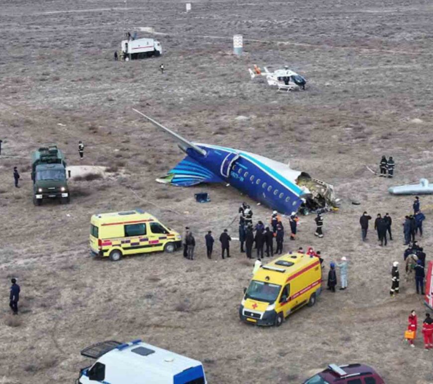 A drone view shows the crash site of an Azerbaijan Airlines passenger plane near the city of Aktau, Kazakhstan.