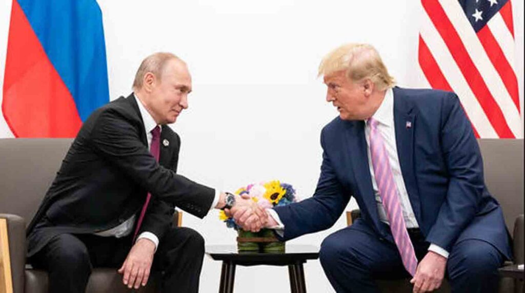 Russian President Vladimir Putin and then-US President Donald Trump on the sidelines of the G20 Summit in Osaka, Japan, June 28, 2019.