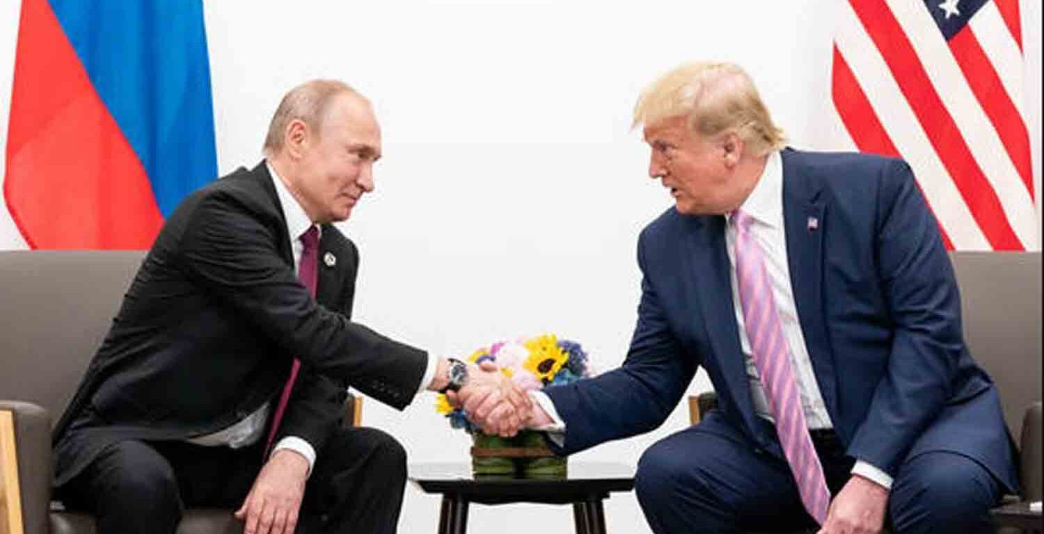 Russian President Vladimir Putin and then-US President Donald Trump on the sidelines of the G20 Summit in Osaka, Japan, June 28, 2019.