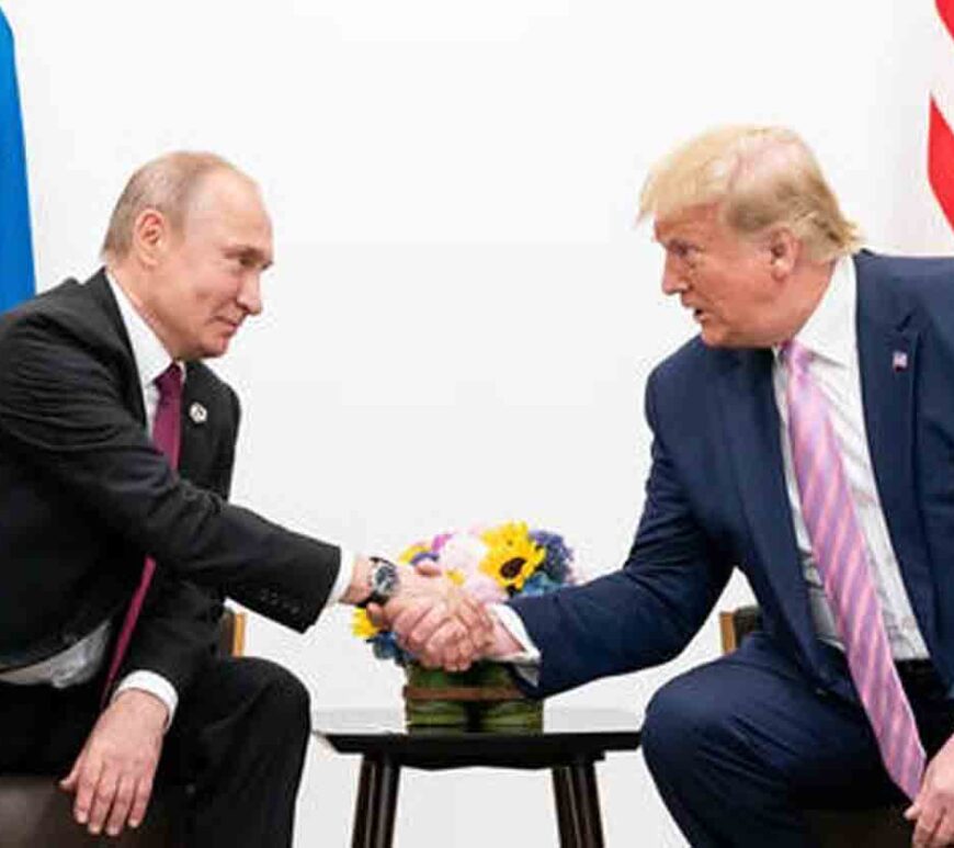 Russian President Vladimir Putin and then-US President Donald Trump on the sidelines of the G20 Summit in Osaka, Japan, June 28, 2019.