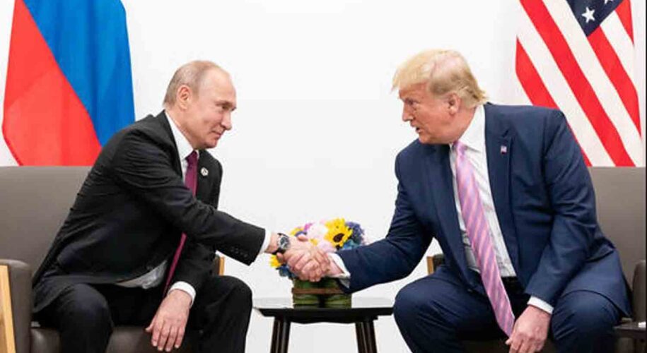 Russian President Vladimir Putin and then-US President Donald Trump on the sidelines of the G20 Summit in Osaka, Japan, June 28, 2019.