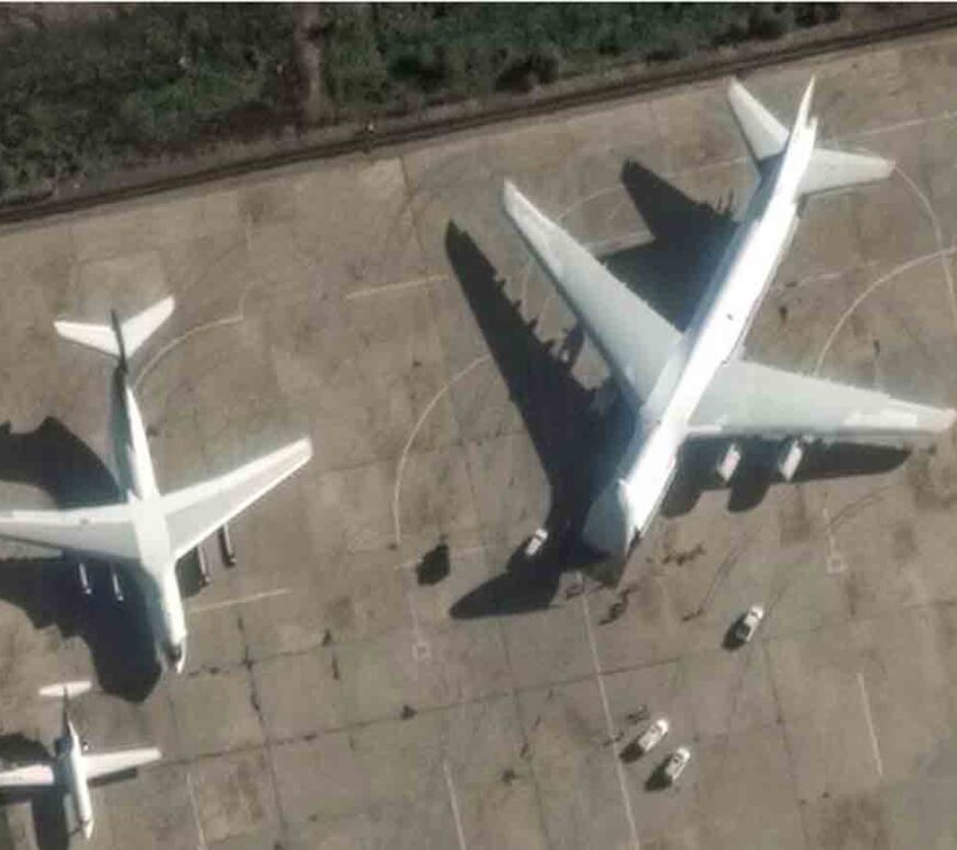 satellite image shows An-124 heavy transport aircraft with its nose cone lifted, at Russian Khmeimim airbase, near Latakia, Syria, December 13, 2024.