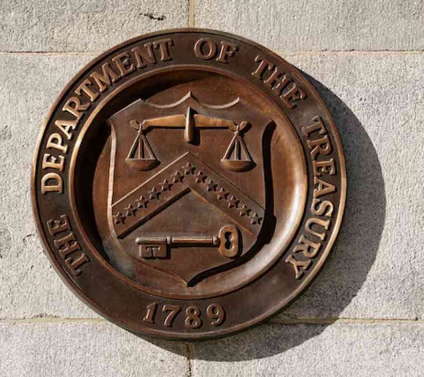 A bronze seal for the Department of the Treasury is shown at the U.S. Treasury building in Washington, U.S.,