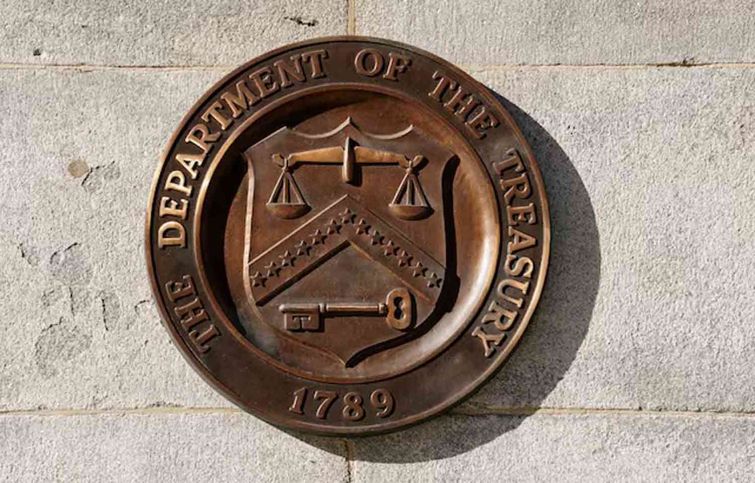 A bronze seal for the Department of the Treasury is shown at the U.S. Treasury building in Washington, U.S.,