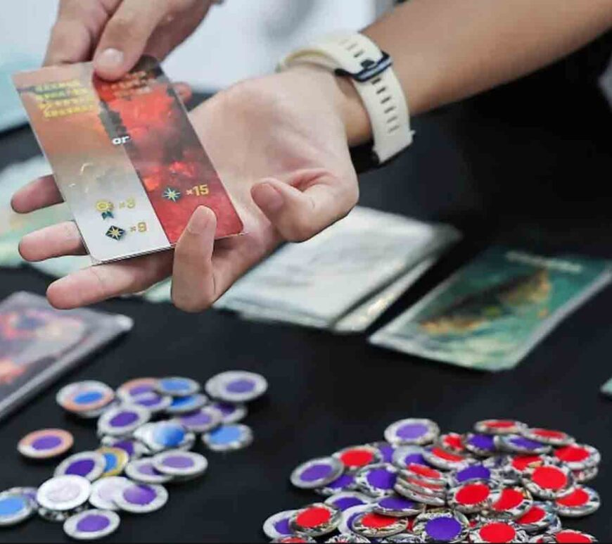 A player tests '2045', a new board game by Mizo Games set against the backdrop of armed conflicts around Taiwan, in Taipei, Taiwan.