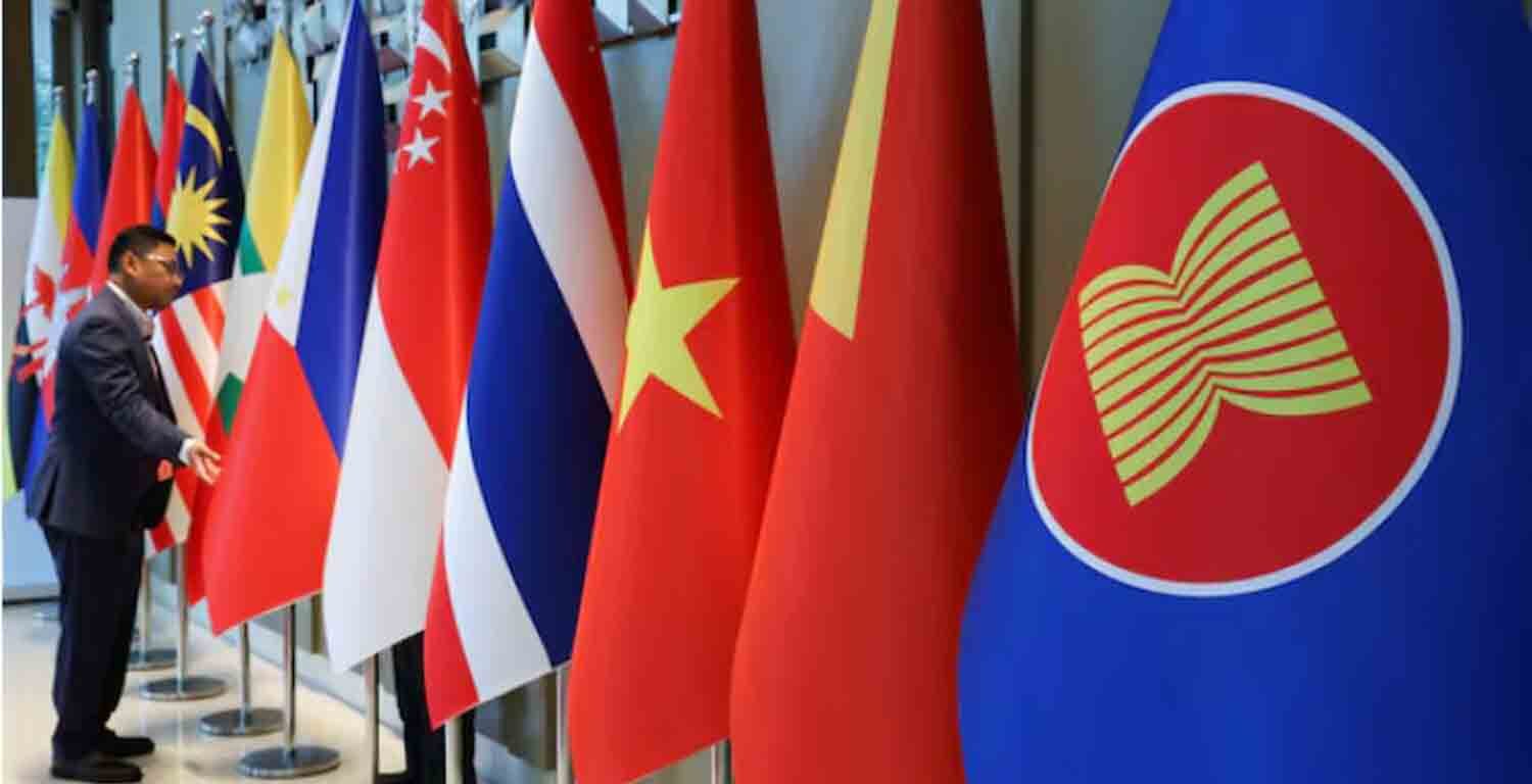 The ASEAN flag is placed alongside the flags of its member countries ahead of the ASEAN Foreign Ministers' Retreat in Langkawi, Malaysia.