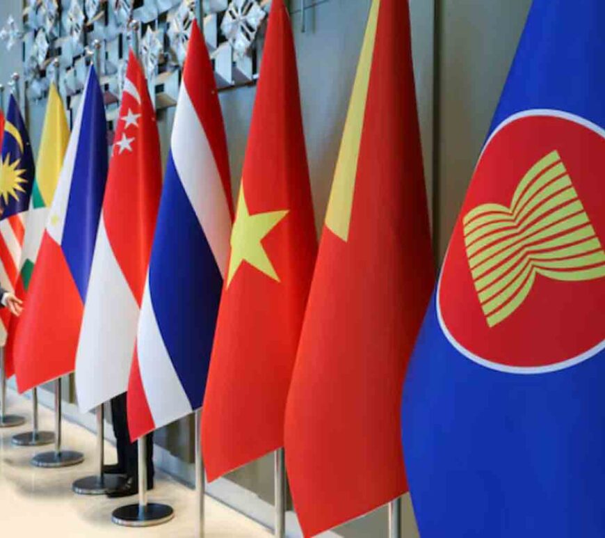 The ASEAN flag is placed alongside the flags of its member countries ahead of the ASEAN Foreign Ministers' Retreat in Langkawi, Malaysia.