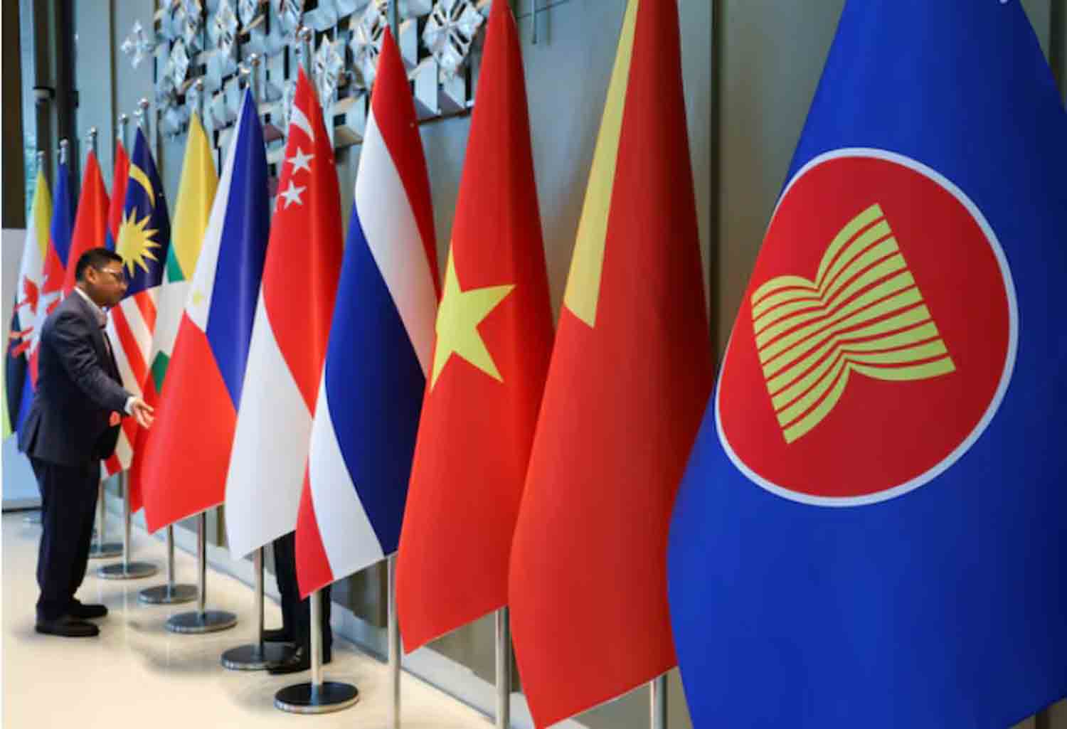 The ASEAN flag is placed alongside the flags of its member countries ahead of the ASEAN Foreign Ministers' Retreat in Langkawi, Malaysia.