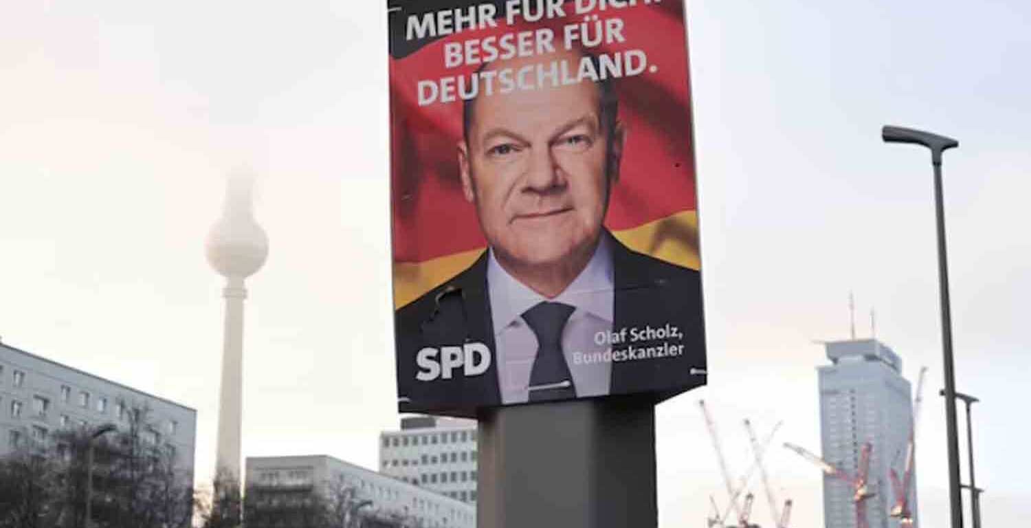 An election campaign poster depicting Olaf Scholz, the top candidate of Social Democratic Party of Germany (SPD) for the upcoming 2025 general election, is pictured in Berlin, Germany.