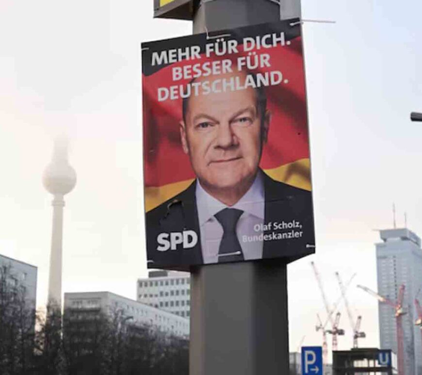 An election campaign poster depicting Olaf Scholz, the top candidate of Social Democratic Party of Germany (SPD) for the upcoming 2025 general election, is pictured in Berlin, Germany.