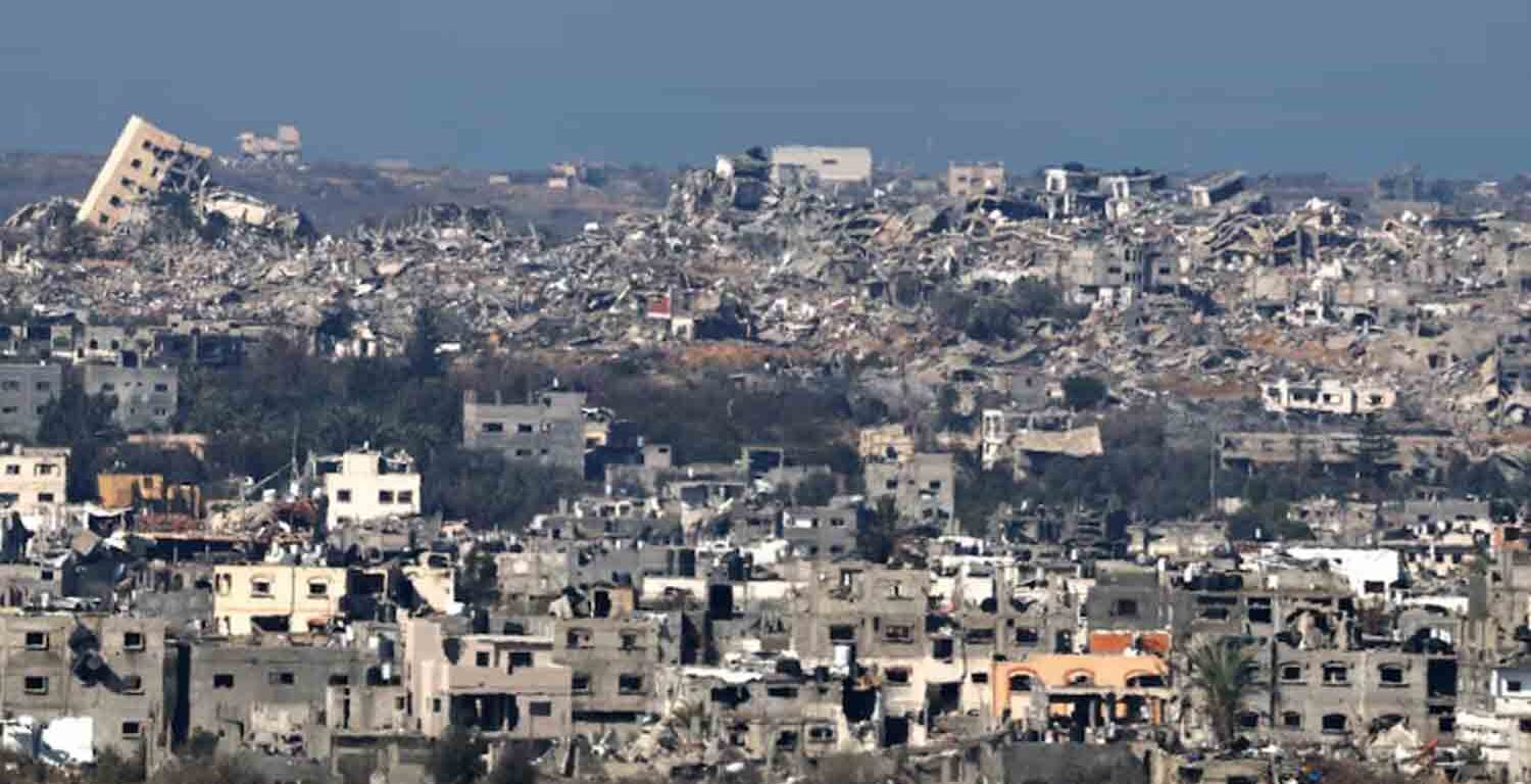 Buildings lie in ruin in Beit Hanoun in the Gaza Strip, amid the ongoing conflict between Israel and Hamas, as seen from southern Israel.