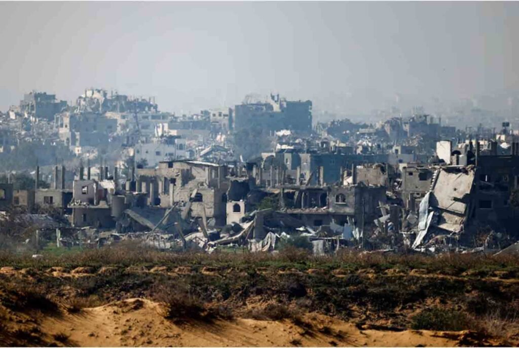 Buildings lie in ruin in North Gaza, amid the ongoing conflict between Israel and Hamas, as seen from Israel.