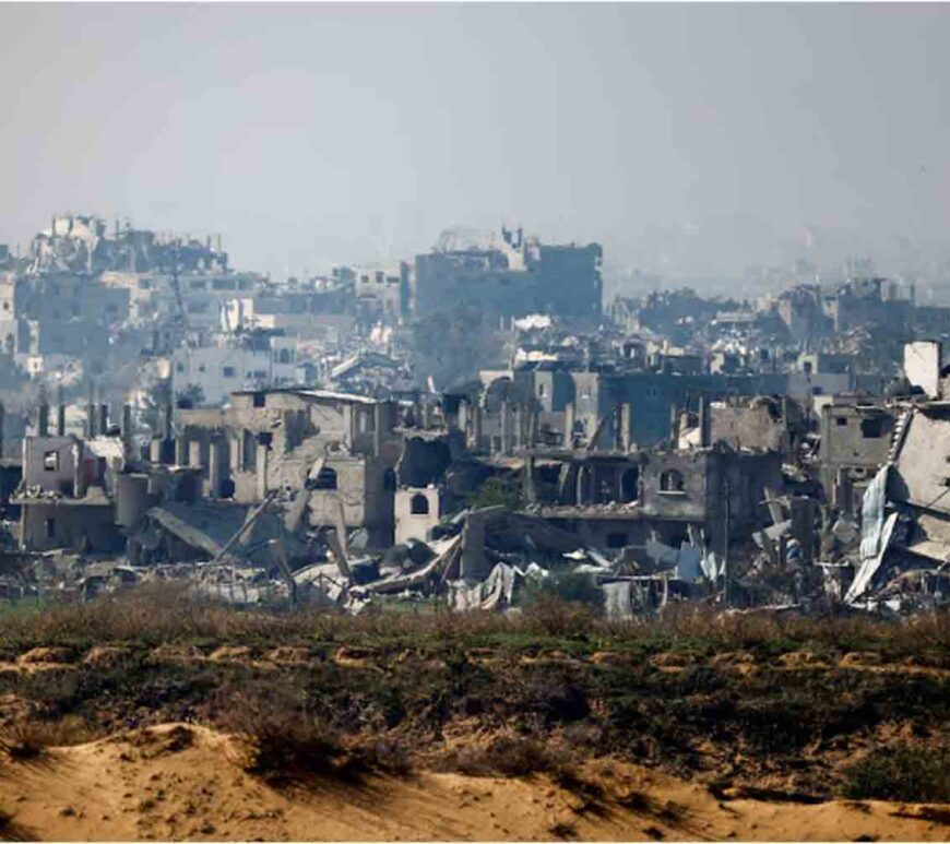 Buildings lie in ruin in North Gaza, amid the ongoing conflict between Israel and Hamas, as seen from Israel.