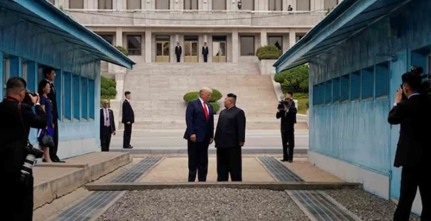 U.S. President Donald Trump and North Korean leader Kim Jong Un stand at the demarcation line in the demilitarized zone separating the two Koreas, in Panmunjom, South Korea.