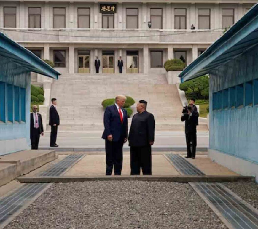 U.S. President Donald Trump and North Korean leader Kim Jong Un stand at the demarcation line in the demilitarized zone separating the two Koreas, in Panmunjom, South Korea.