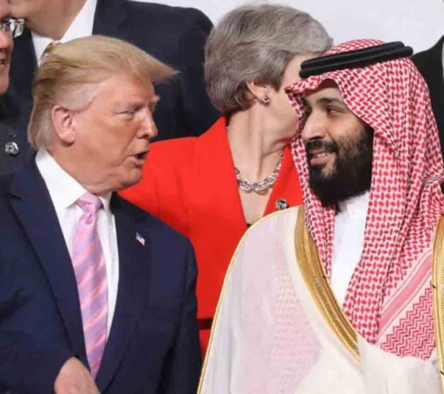 US President Donald Trump and Saudi Arabia's Crown Prince Mohammed bin Salman speak during the family photo at G20 Osaka Summit in Osaka, Japan, on 28 June 2019.