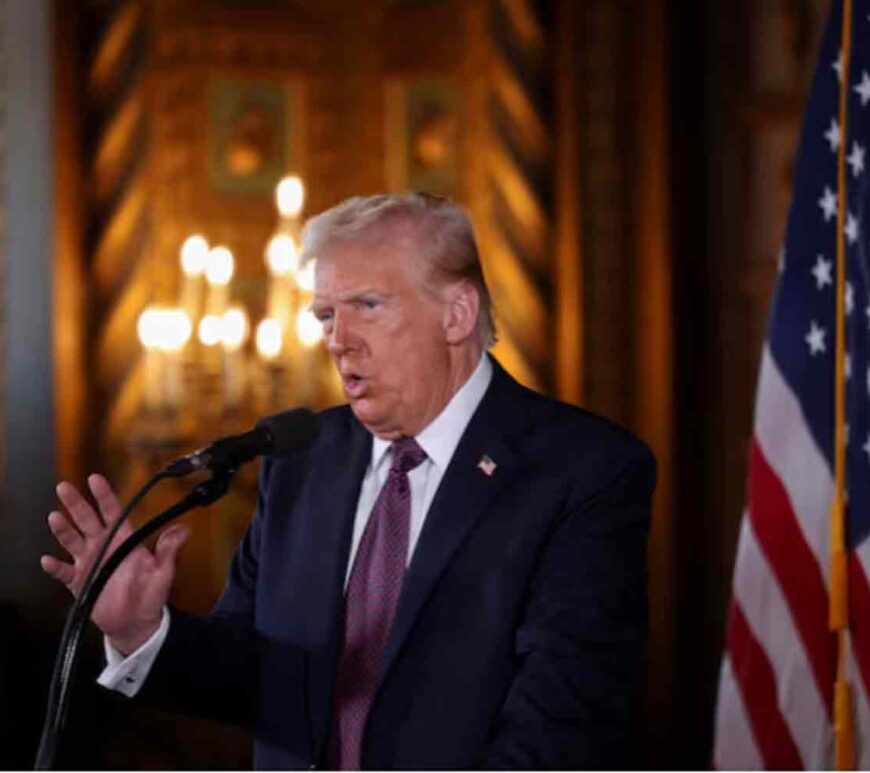 Donald Trump makes remarks at Mar-a-Lago in Palm Beach, Florida.