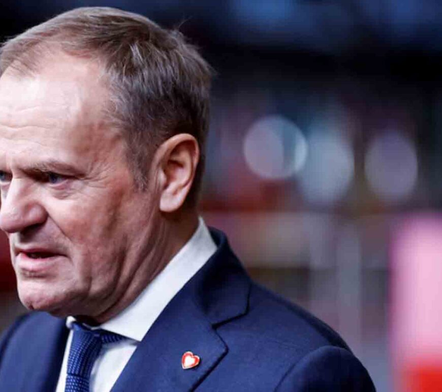 Polish Prime Minister Donald Tusk speaks to the media, on the day of a European Union leaders summit in Brussels, Belgium.