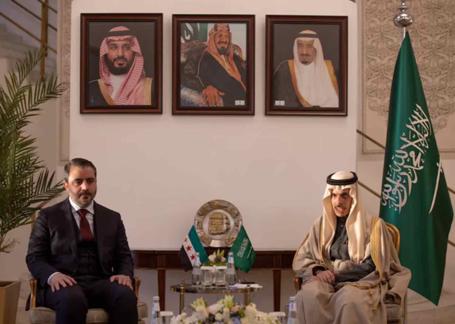 Faisal-bin-Farhan-Al-Saud-meets--Asaad-Hassan-al-Shibani Saudi Foreign Minister Faisal bin Farhan Al Saud meets Syria's newly appointed Foreign Minister Asaad Hassan al-Shibani, in Riyadh, Saudi Arabia.
