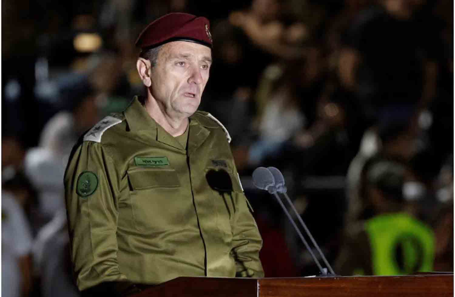 Israeli Chief of the General Staff Herzi Halevi speaks at a ceremony.