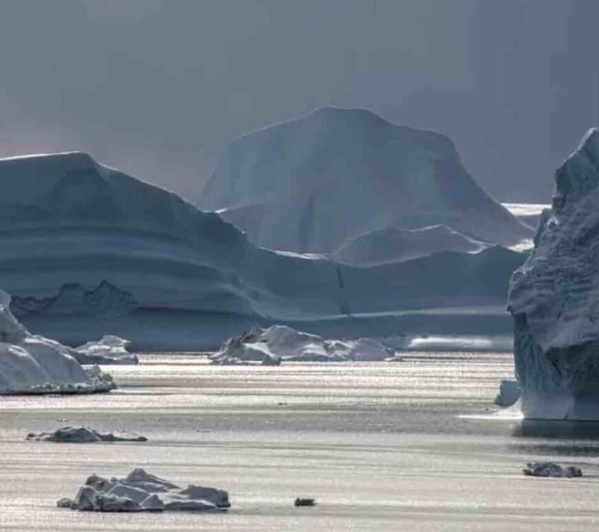 Icebergs float in Disko Bay, near Ilulissat, Greenland.