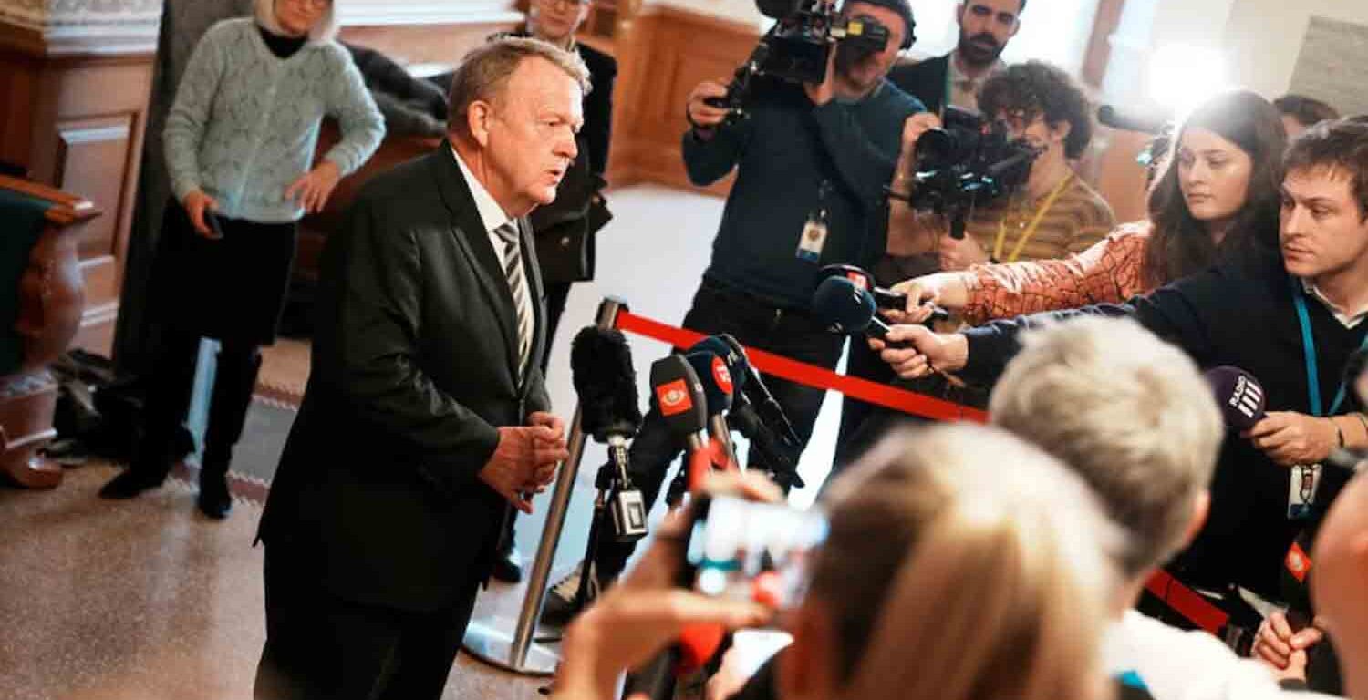 Denmark's Foreign Minister Lars Loekke Rasmussen answers questions from the press in the Parliament, Christiansborg Castle, in Copenhagen, Denmark.