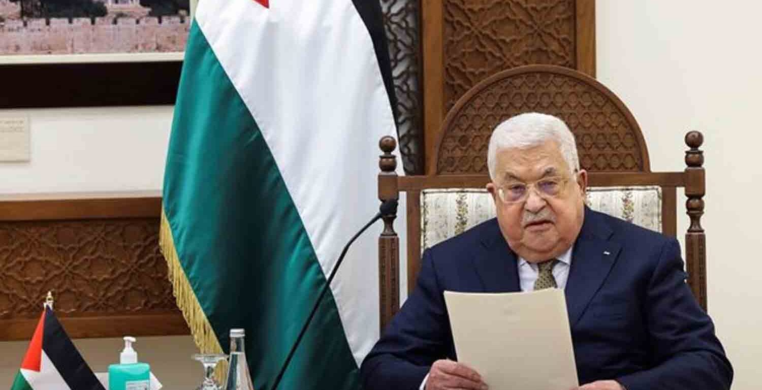 Palestinian leader Mahmoud Abbas reads a statement during a meeting with U.S. Secretary of State Antony Blinken (not seen) in Ramallah in the Israeli-occupied West Bank.