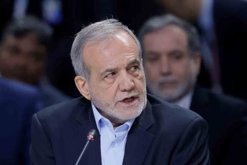 Iranian President Masoud Pezeshkian speaks during a plenary session in the outreach/BRICS Plus format at the BRICS summit in Kazan, Russia.