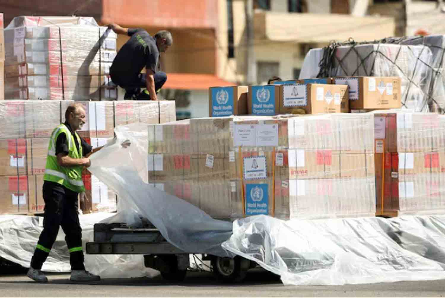 Medical-aid-shipment-from-the-World-Health-Organization Medical aid shipment from the World Health Organization (WHO) and the U.N. refugee agency, United Nations High Commissioner for Refugees (UNHCR) arrives at the Beirut-Rafic Hariri International Airport, in Beirut, Lebanon.