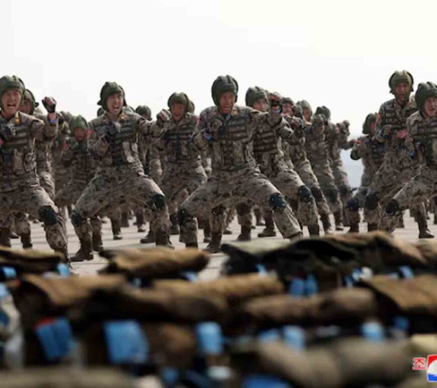 Soldiers participate in a demonstration during the training of the Korean People's Army's air and amphibious combat units, in this picture.