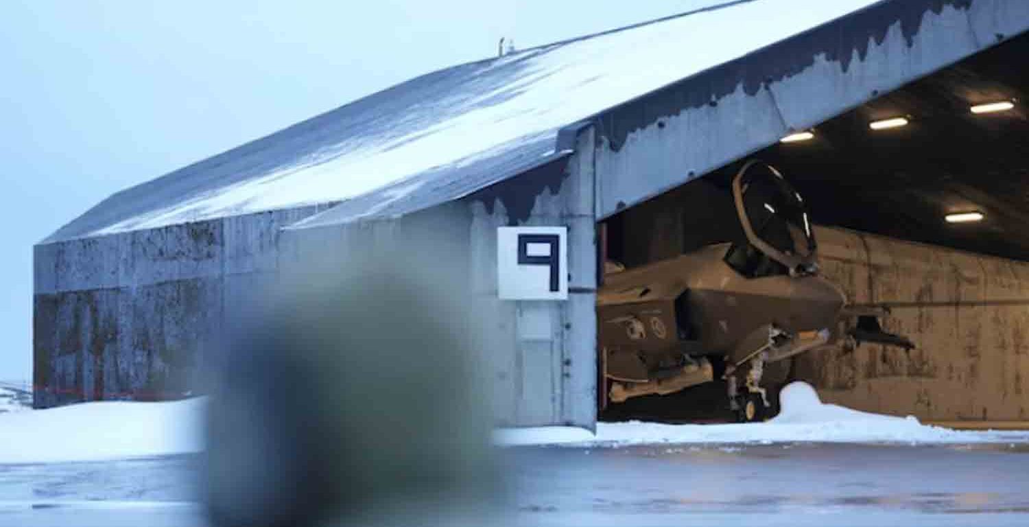 A Norwegian F-35 fighter plane sits in a hangar in Keflavik, Iceland.