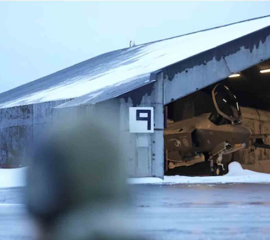 A Norwegian F-35 fighter plane sits in a hangar in Keflavik, Iceland.