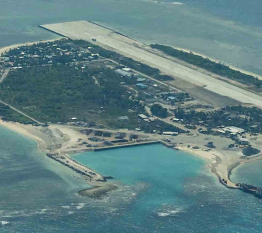 An aerial view shows the Philippine-occupied Thitu Island, locally known as Pag-asa, in the contested Spratly Islands, South China Sea.