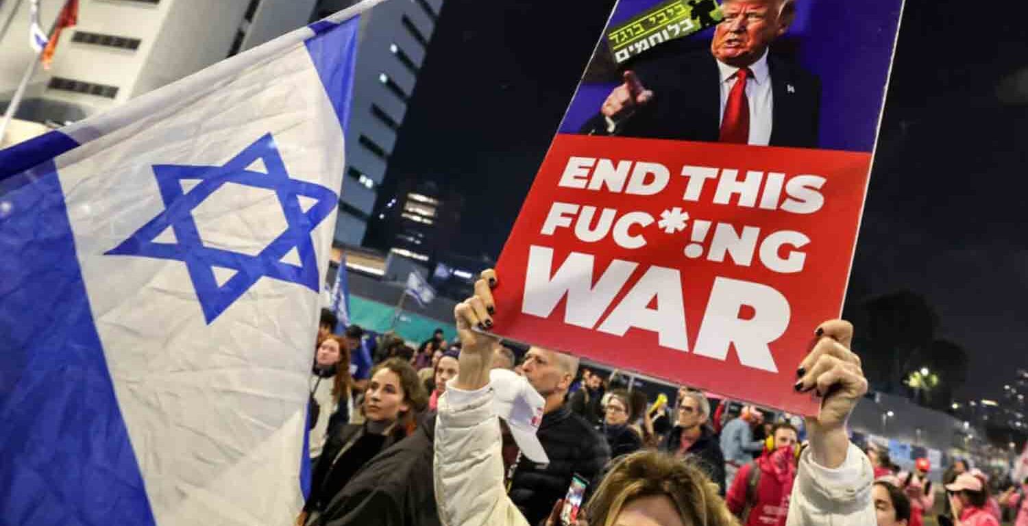 Protesters outside Israeli Defence Ministry headquarters in Tel Aviv call on President-elect Donald Trump to end the war in Gaza.