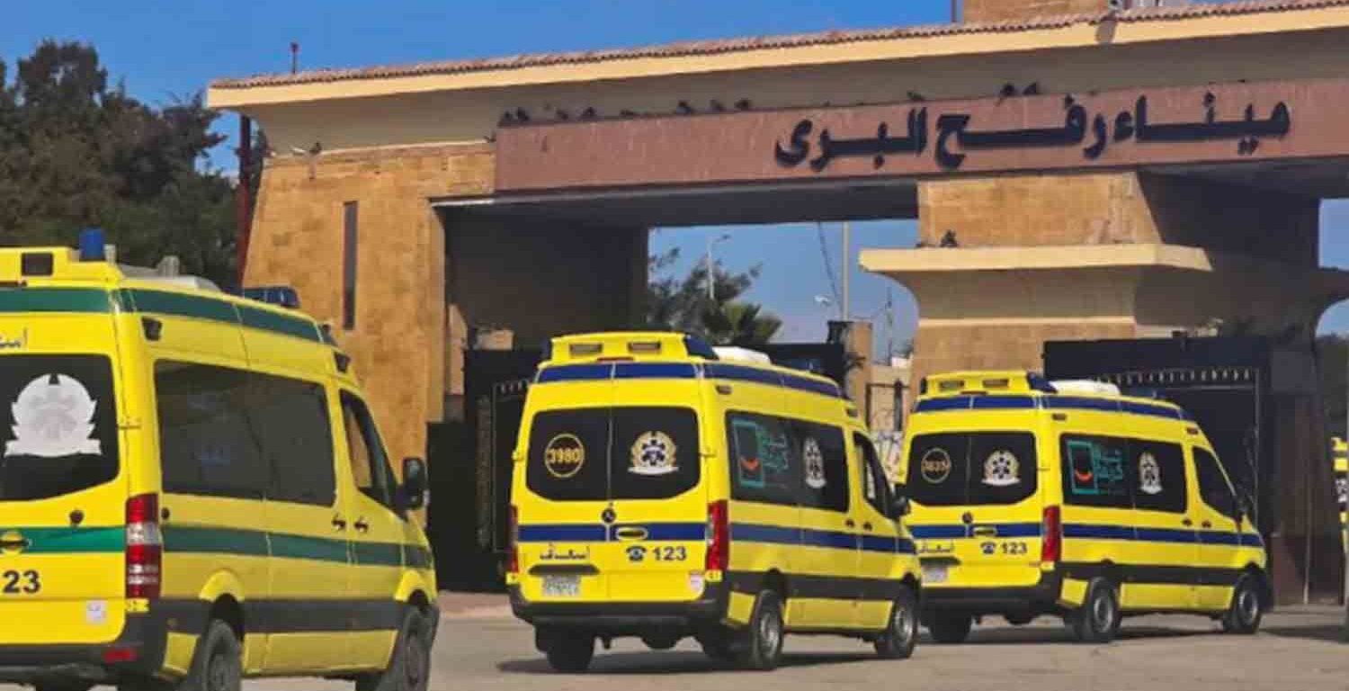 Egyptian ambulances transport to the Gaza Strip through the Rafah border from Egypt side, following a ceasefire between Israel and Hamas, in Rafah, Egypt.