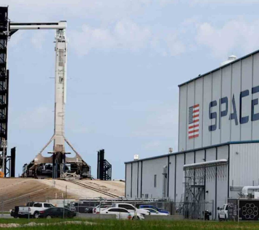 A SpaceX Falcon 9 rocket is shown as it is prepared for another launch attempt for Polaris Dawn, a private human spaceflight mission, at the Kennedy Space Center in Cape Canaveral, Florida, U.S.