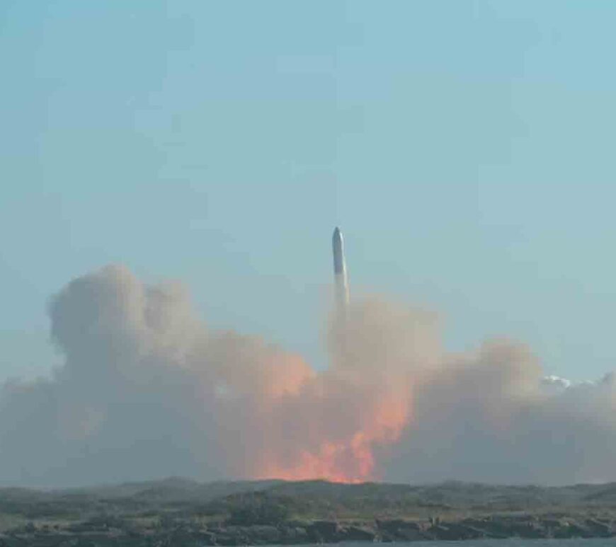 SpaceX's Starship rocket is pictured after launching as seen from South Padre Island near Brownsville, Texas, U.S.