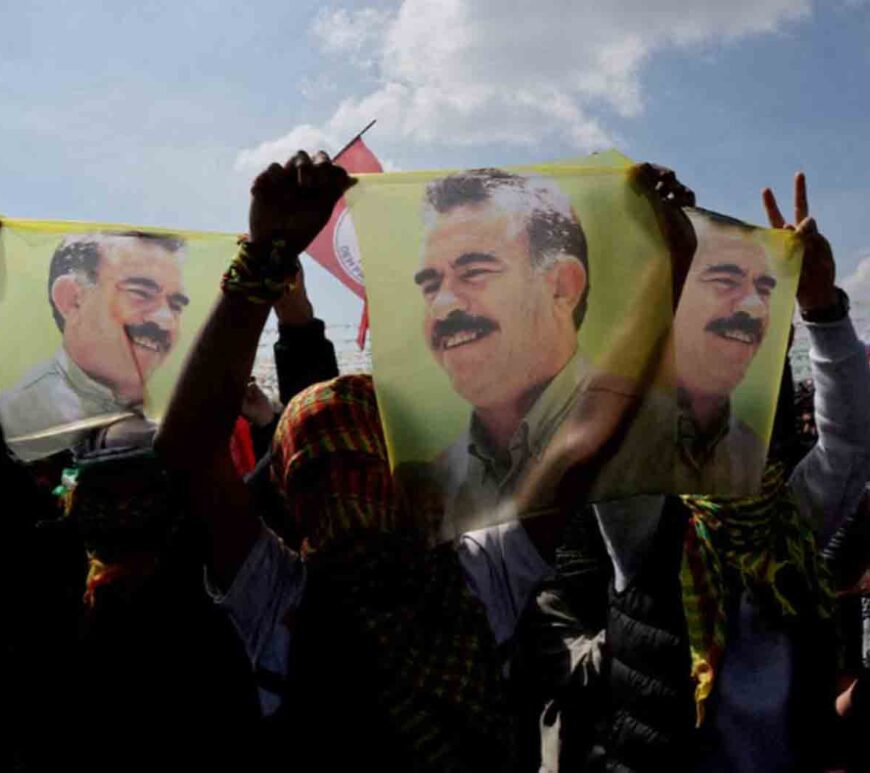 Supporters of the pro-Kurdish Peoples' Equality and Democracy Party (DEM Party) display flags with a portrait of jailed Kurdistan Workers Party (PKK) leader Abdullah Ocalan, in Istanbul, Turkey.