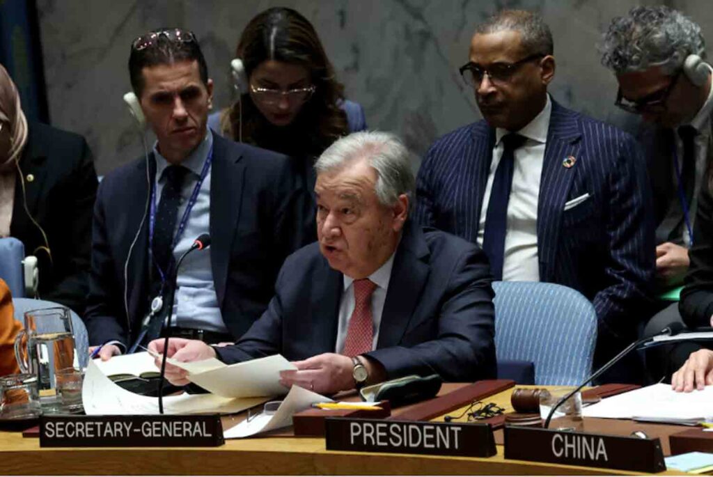 United Nations Secretary-General Antonio Guterres speaks during a meeting of the United Nations Security Council on, maintenance of international peace and security at U.N. headquarters in New York City, U.S.