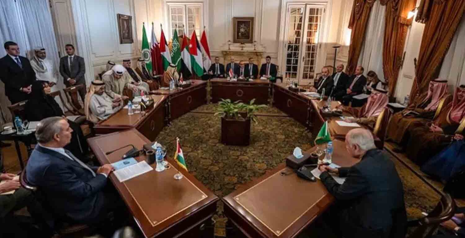 Egypt’s Foreign Minister Badr Abdelatty (C) heads a meeting with ministers from Jordan, Saudi Arabia, Qatar and the UAE, to discuss US President Donald Trump's proposal for Egypt and Jordan to host Palestinians displaced from the Gaza Strip, in Cairo.