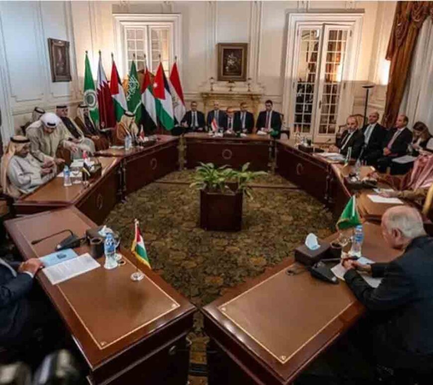 Egypt’s Foreign Minister Badr Abdelatty (C) heads a meeting with ministers from Jordan, Saudi Arabia, Qatar and the UAE, to discuss US President Donald Trump's proposal for Egypt and Jordan to host Palestinians displaced from the Gaza Strip, in Cairo.