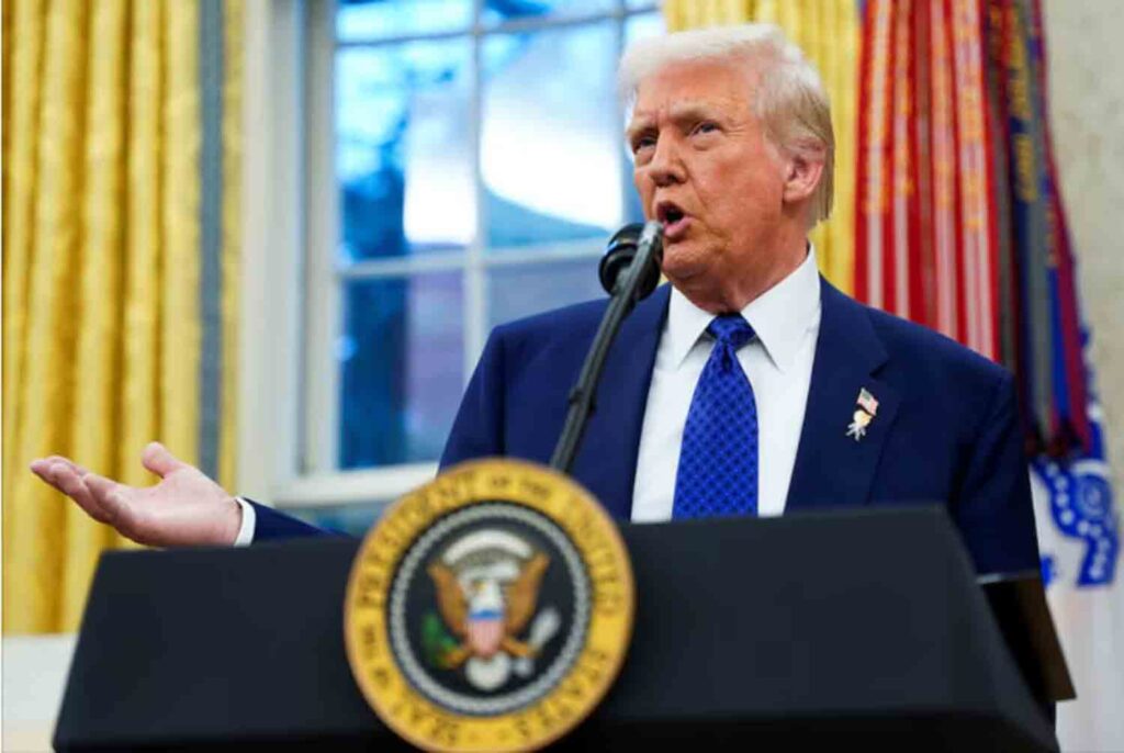 U.S. President Donald Trump speaks, on the day of Tulsi Gabbard's swearing in ceremony as Director of National Intelligence, in the Oval Office at the White House in Washington, D.C.