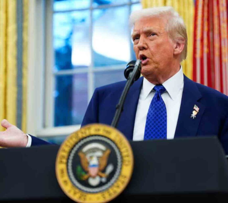 U.S. President Donald Trump speaks, on the day of Tulsi Gabbard's swearing in ceremony as Director of National Intelligence, in the Oval Office at the White House in Washington, D.C.