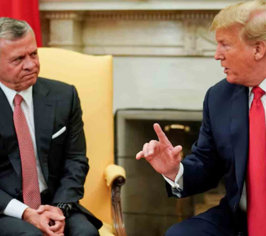 U.S. President Donald Trump talks with Jordan’s King Abdullah during a meeting in the Oval Office of the White House in Washington, U.S.