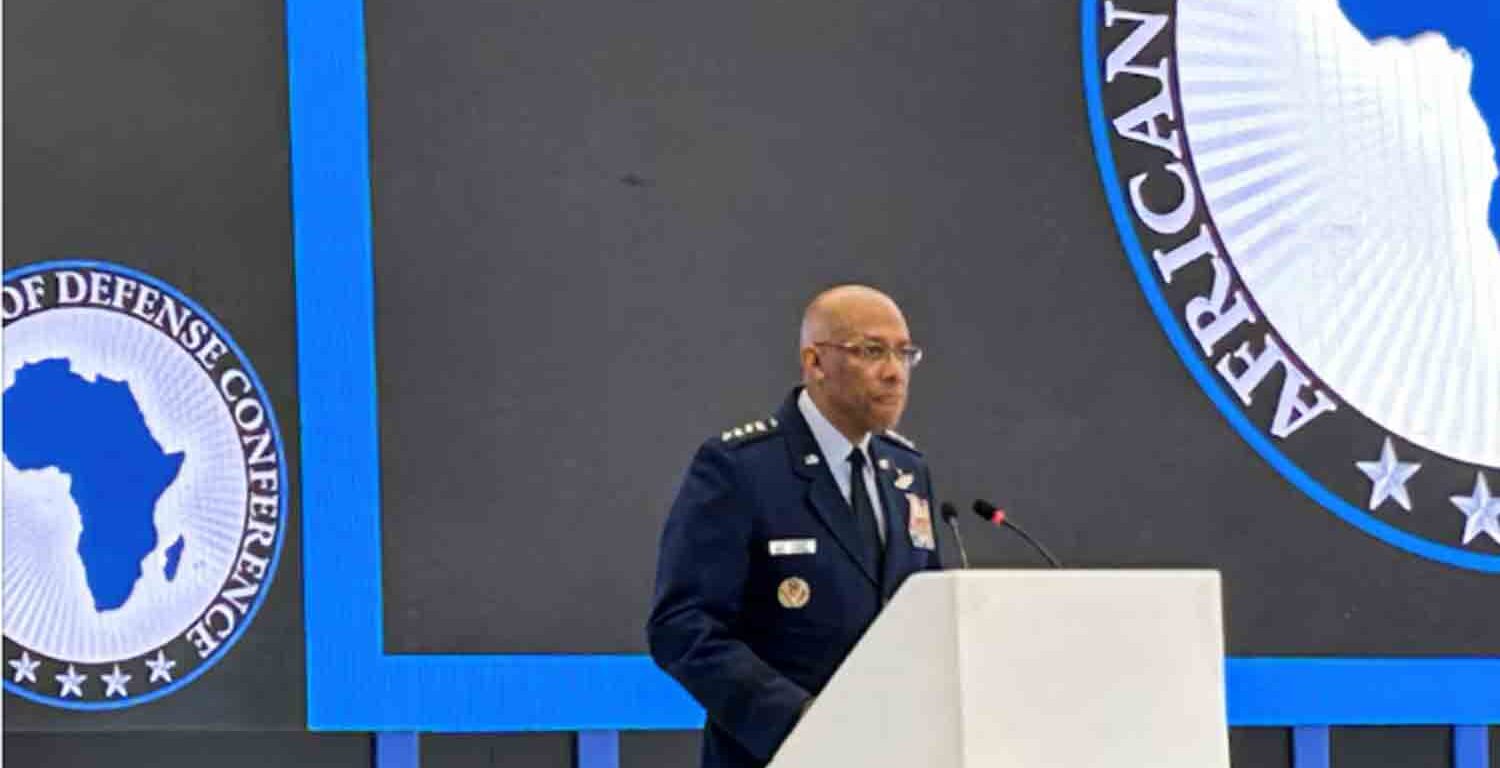 U.S. Air Force General C.Q. Brown, chairman of the Joint Chiefs of Staff, speaks at a conference of African chiefs of defense in Gaborone, Botswana.