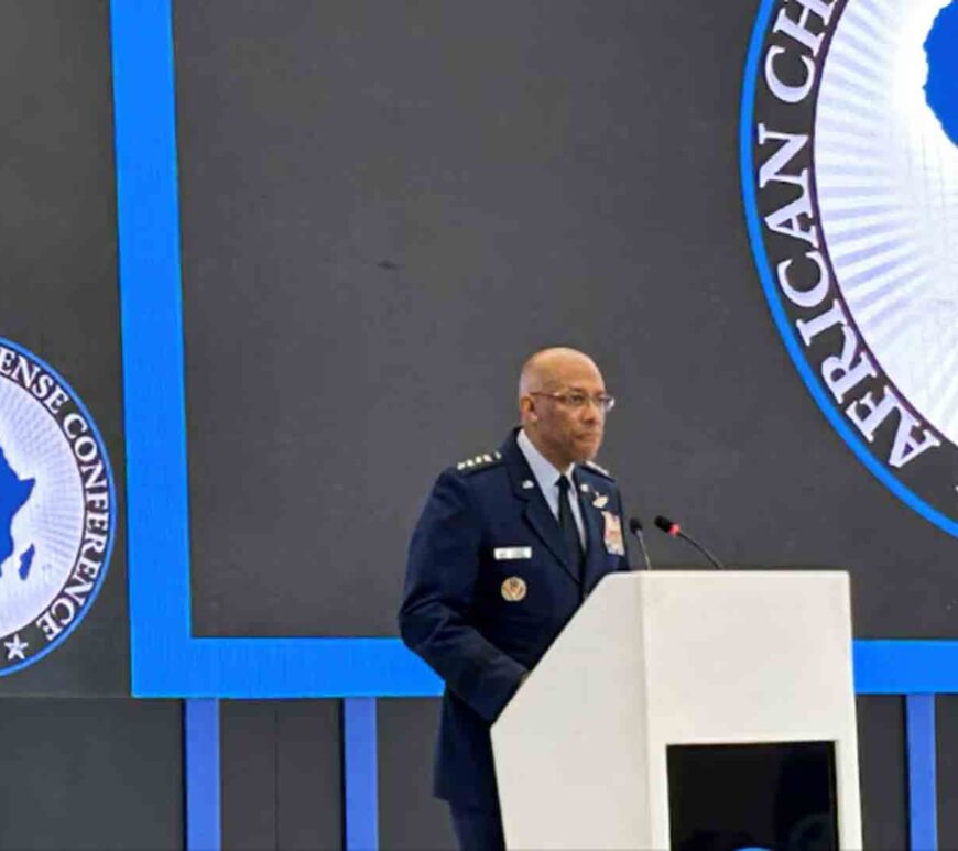 U.S. Air Force General C.Q. Brown, chairman of the Joint Chiefs of Staff, speaks at a conference of African chiefs of defense in Gaborone, Botswana.