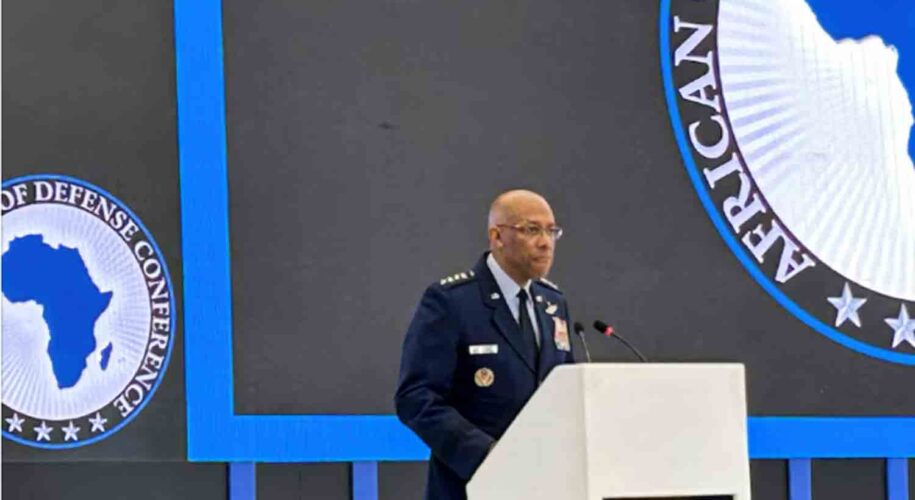 U.S. Air Force General C.Q. Brown, chairman of the Joint Chiefs of Staff, speaks at a conference of African chiefs of defense in Gaborone, Botswana.