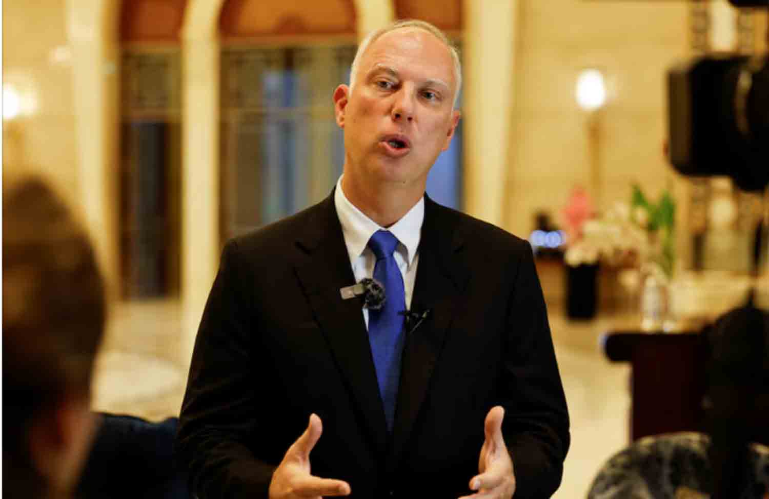 The head of Russia's sovereign wealth fund Kirill Dmitriev speaks to media ahead of his meeting with U.S. delegation in Riyadh, Saudi Arabia.