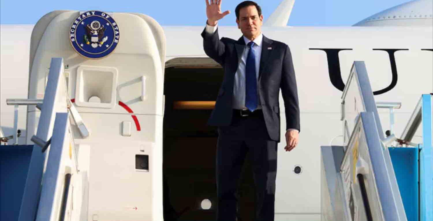 U.S. Secretary of State Marco Rubio waves as he departs Israel for Saudi Arabia, at Ben Gurion Airport in Tel Aviv, Israel.